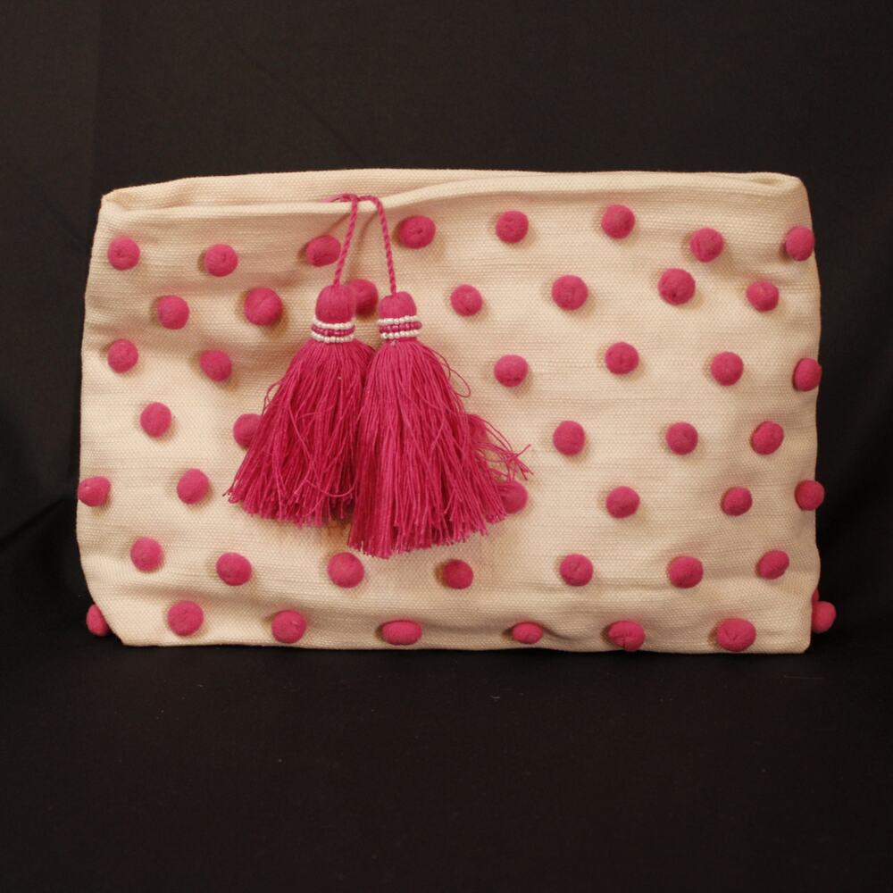 Shiraleah Chicago Pink & Cream POM POM Tassel Cotton/Jute Clutch